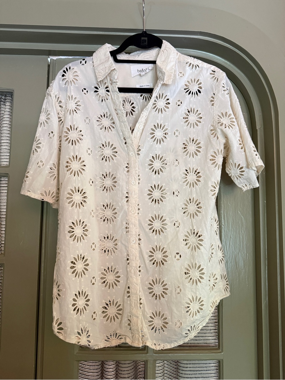 ba&sh Cream Eyelet Button-Down Shirt with Floral Cutouts